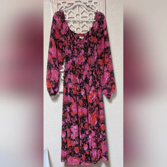 Steve Madden Vibrant Pink Floral Long Sleeve Dress size medium midi slit party - Picture 1 of 9